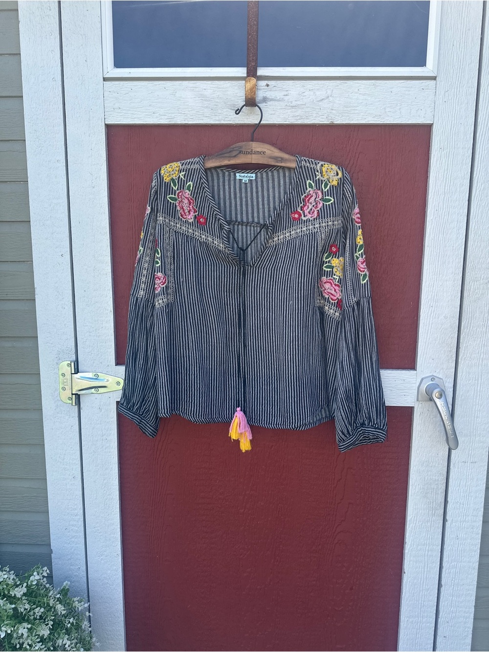 Nostalgia Black & White Striped Peasant Blouse with Floral Embroidery